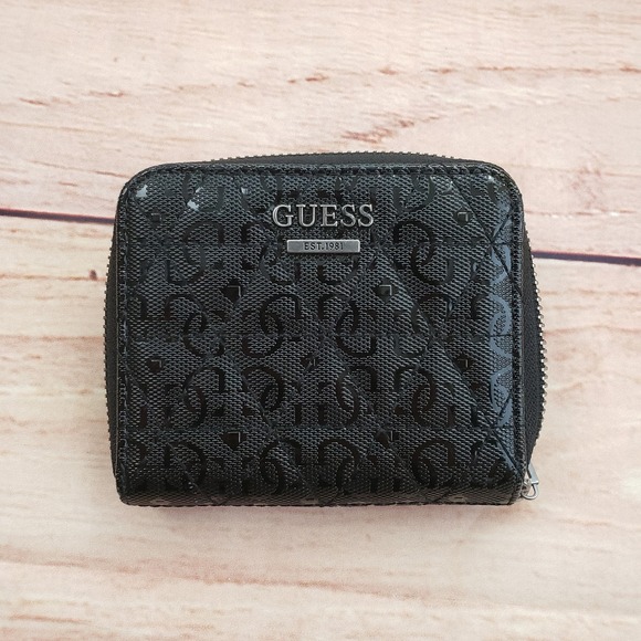Guess Wallet Womens Black Embossed Zip Around Small Bifold Card Holder Purse - Picture 1 of 8